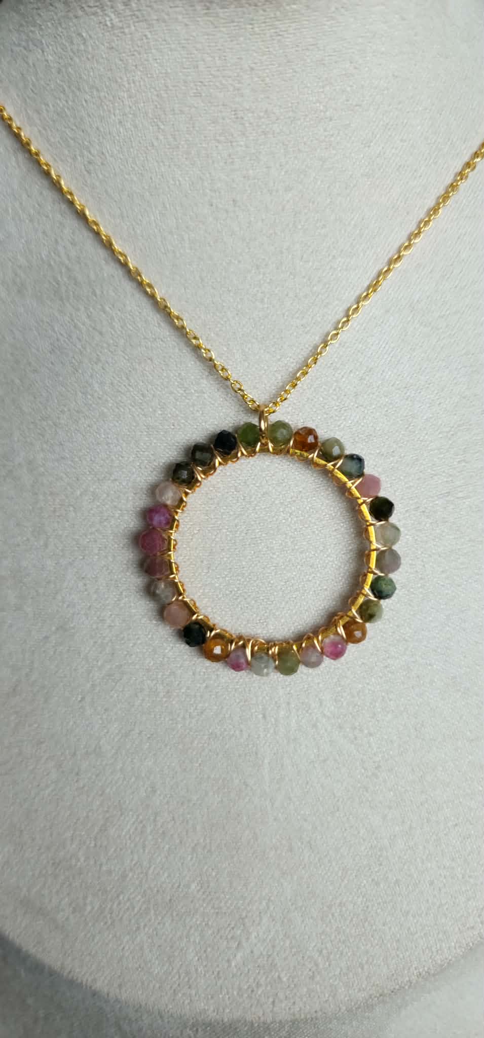 32mm Wire Wrapped Rainbow Tourmaline Circle Pendant 14k plated and 14k Gold Plated Adjustable "Cross Style" Chain - 18" Long