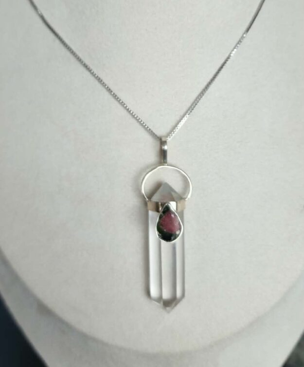 Clear Quartz Double Terminated with Watermelon Tourmaline Slice - 925 Silver Pendant